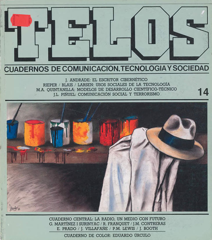 El número 14 de Telos se presenta con algunos de los iconos del artista Eduardo Úrculo en su portada: la gabardina, el sombrero y los colores más representativos de su obra. La radio es el tema del Cuaderno Central, un medio de comunicación que en los años 80 experimentó un boom cuantitativo con la creación de emisoras locales y de “radios libres”, a la par que las grandes cadenas se fusionaban mediante procesos de concentración.