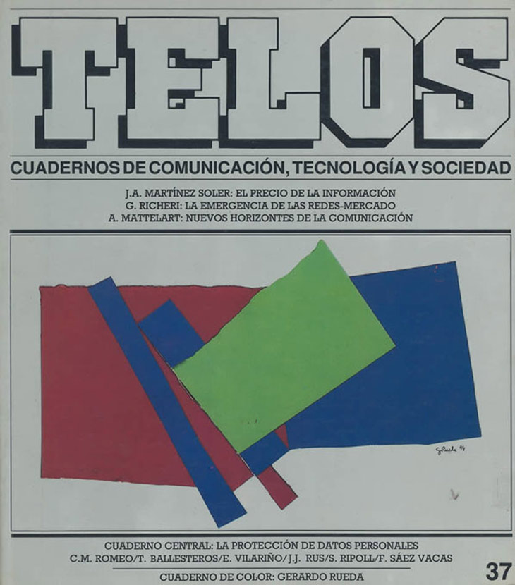 La protección de los datos personales que transmitimos a través de las nuevas tecnologías ya captó la atención de los miembros del Comité Científico, que lo eligieron como tema para el Cuaderno Central del número 37 (marzo-mayo de 1994). Este tema, siempre recurrente en muchos artículos, volverá a ser protagonista de un dossier central diez años más tarde, en el número 97 (febrero-mayo de 2014). Además, uno de los fundadores del Museo de Arte Abstracto de Cuenca, Gerardo Rueda Salaberry, fue el elegido para realizar el Cuaderno de Color en este número.