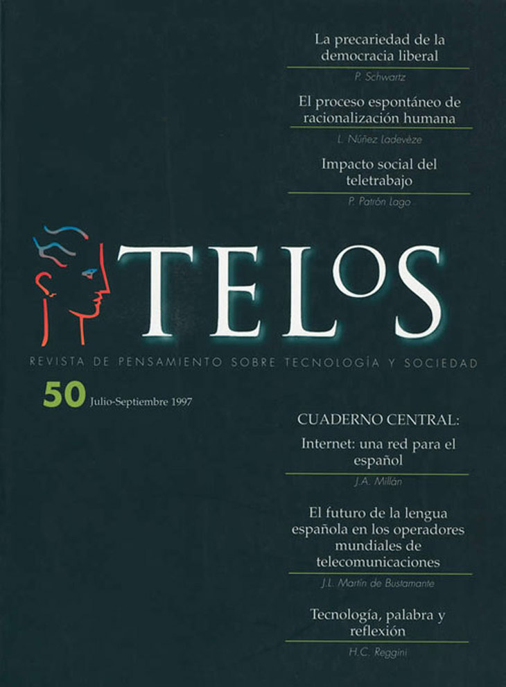 El número 50 de Telos (julio-septiembre de 1997) fue un volumen especial, diferente a todos los que lo precedieron y lo siguieron. No tuvo Cuaderno de Color y su diseño fue completamente novedoso con el objetivo de celebrar los 50 números de la revista y marcar un cambio de época. A partir del número 51, Fundación Telefónica tomó el testigo a Fundesco y se hizo responsable de la edición y publicación de Telos.