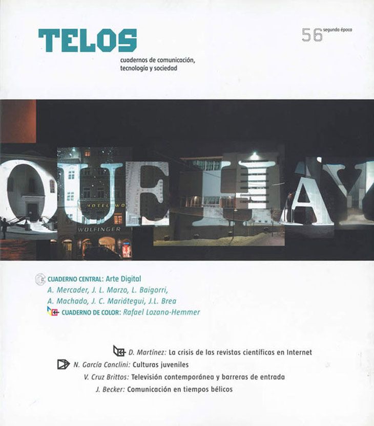 En 2003, el número 56 de Telos dedicó su Cuaderno de Color a las fotografías de Rafael Lozano-Hemmer, artista digital y cocreador del concurso Arte y Vida Artificial. Este mismo número también trató el arte digital en su Cuaderno Central, un tema pionero para las revistas científicas.