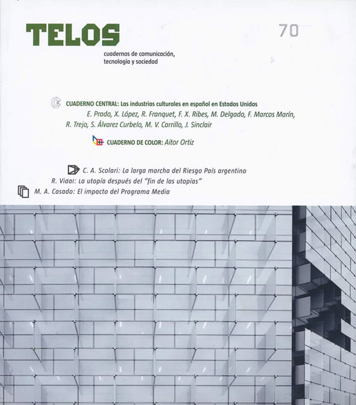 Fundación Telefónica inició la investigación sobre el Valor Económico del español en 2006 y el primer trimestre de 2007 dedicó el Cuaderno Central de Telos 70 a las industrias culturales que estaban floreciendo en Estados Unidos, el segundo país con mayor número de hispanohablantes. Este número de Telos también es especial porque su Cuaderno de Color documenta con las fotografías de Aitor Ortiz el recién inaugurado Distrito C de Telefónica, dedicado a las comunicaciones en Madrid.