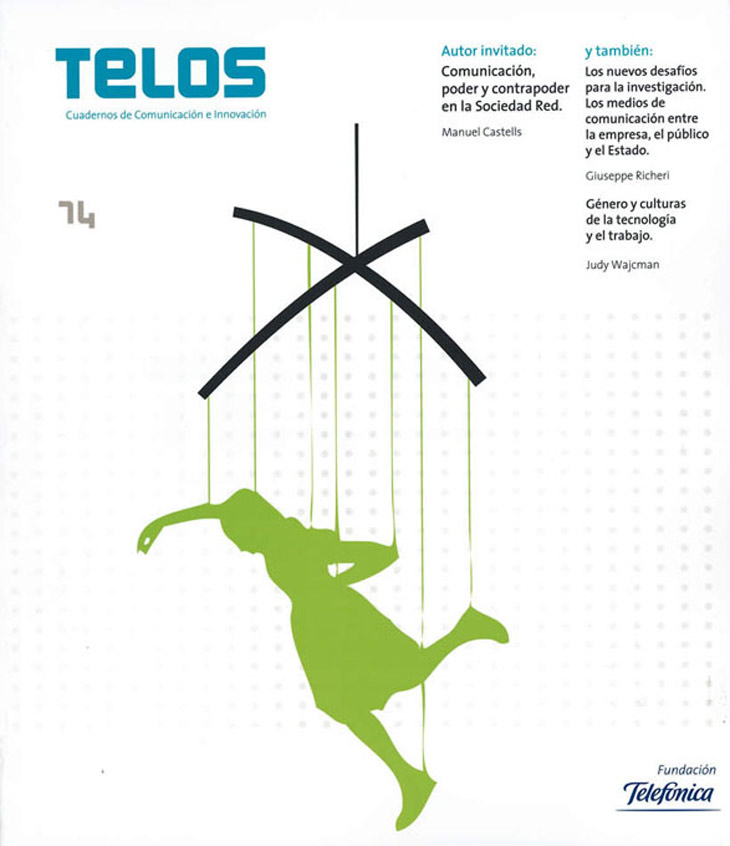 El número 74 inicia la nueva etapa de Telos, en la que desaparece el Cuaderno de Color y en la que es significativo su cambio de diseño, tanto en la portada como en el interior, así como su nuevo subtítulo: Cuadernos de Comunicación e Innovación. En este número, dedicado a la investigación en comunicación política, y en el siguiente, sobre la prensa, el autor invitado es el sociólogo Manuel Castells, que en sendos artículos explica el contrapoder que suponen los nuevos medios de comunicación.