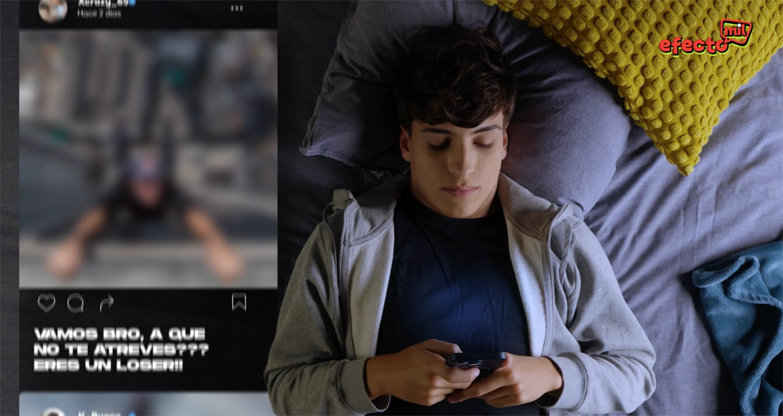 efecto-mil Un joven mirar su móvil tumbado en una cama