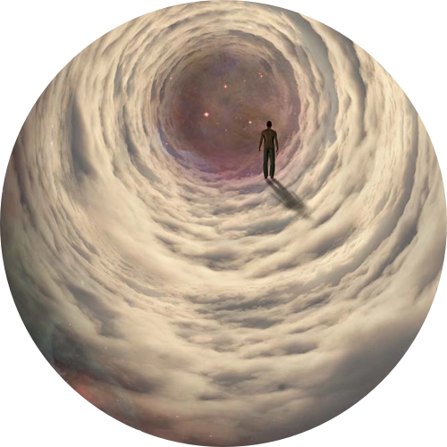 Ilustración de una persona caminando por un cilindro de nubes