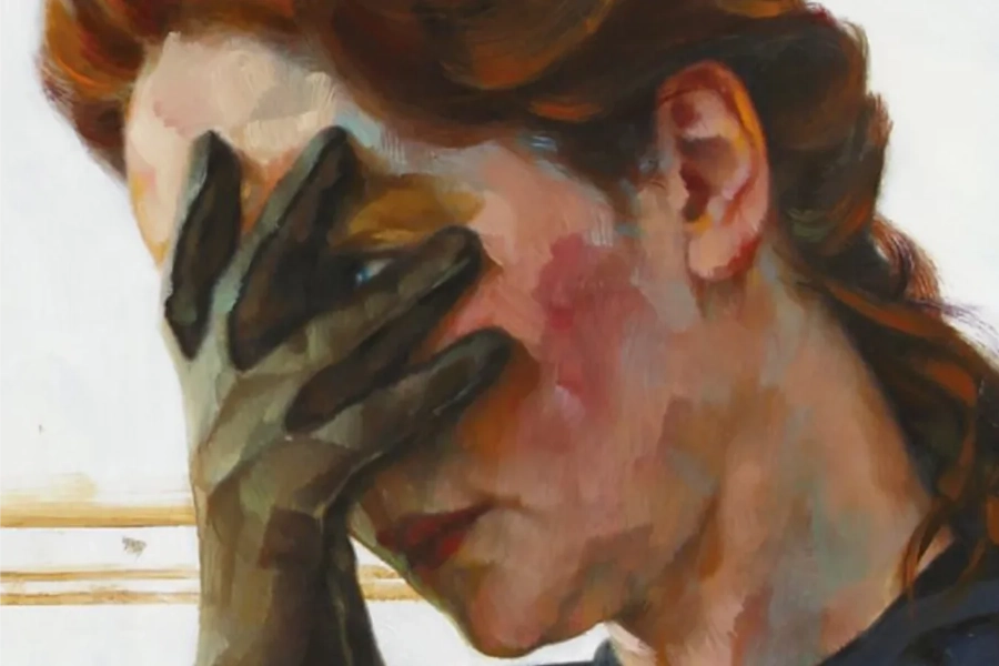 Ilustración de mujer apocada cubriéndose la cara con la mano