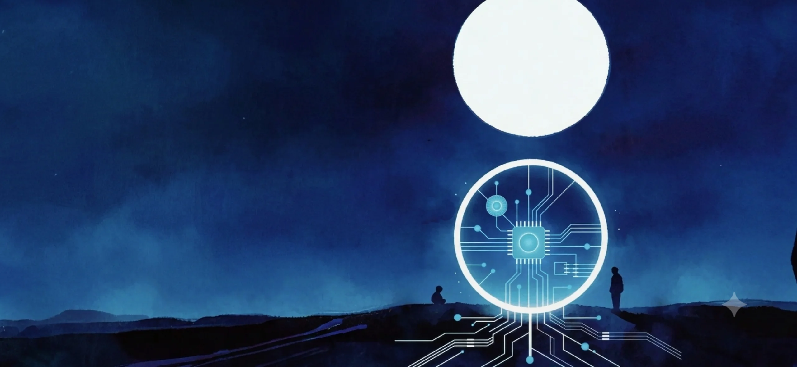 Una ilustración conceptual muestra un paisaje nocturno bajo un cielo azul oscuro pintado, con una gran luna blanca brillante en la parte superior derecha. En el centro, un gran orbe azul brillante contiene un intrincado diseño de microchip y circuito con líneas que se ramifican hacia el primer plano. Siluetas de pequeñas figuras humanas (una sentada y otra de pie) están en el paisaje montañoso oscuro, mirando hacia el orbe del circuito. Una ilustración conceptual muestra un paisaje nocturno bajo un cielo azul oscuro pintado, con una gran luna blanca brillante en la parte superior derecha. En el centro, un gran orbe azul brillante contiene un intrincado diseño de microchip y circuito con líneas que se ramifican hacia el primer plano. Siluetas de pequeñas figuras humanas (una sentada y otra de pie) están en el paisaje montañoso oscuro, mirando hacia el orbe del circuito.