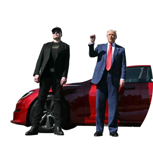 Elon Musk y Donald Trump delante de un Tesla rojo