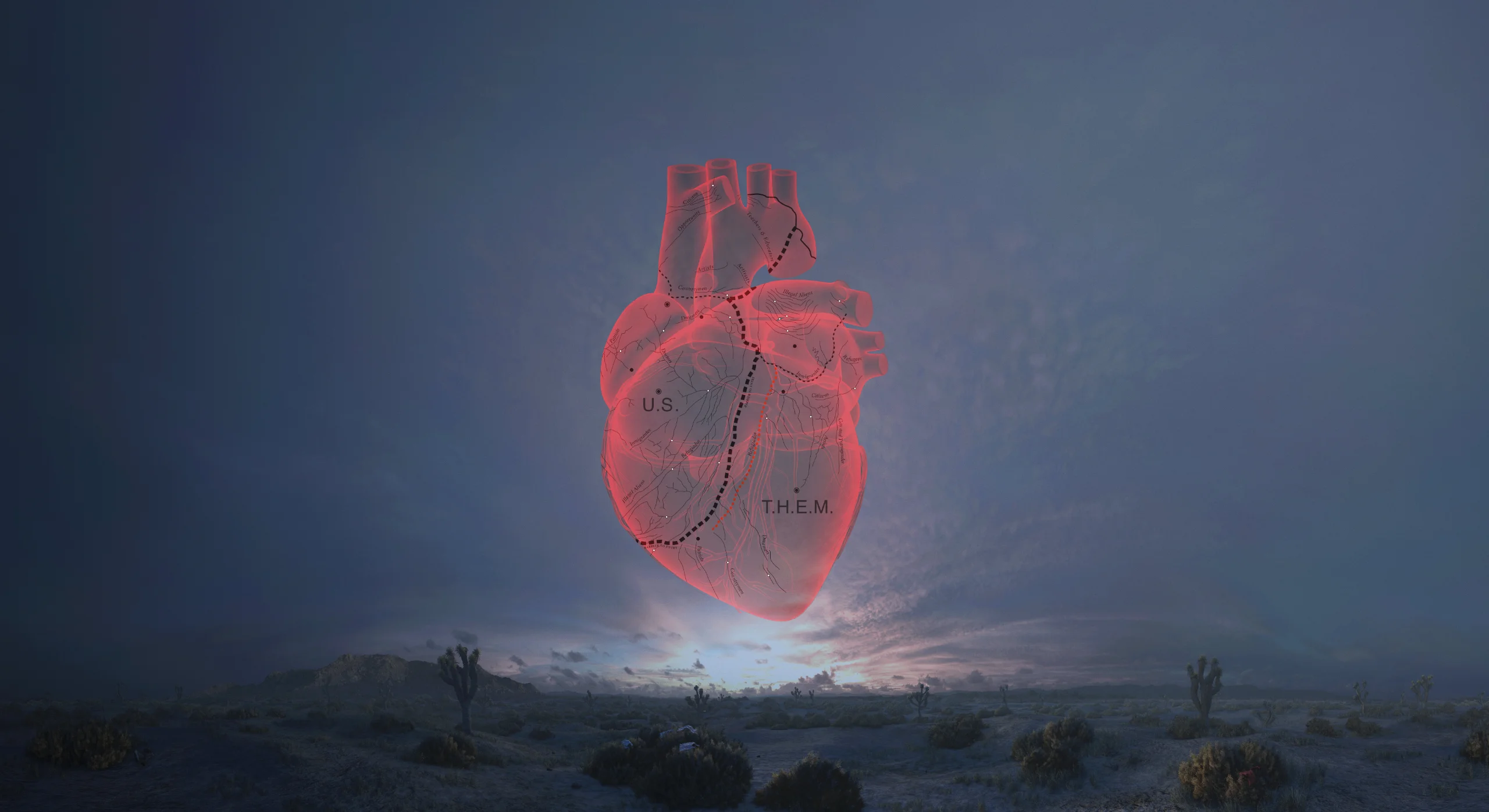 Un corazón humano dividido por una línea fronteriza flota sobre el desierto. Imagen nocturna.