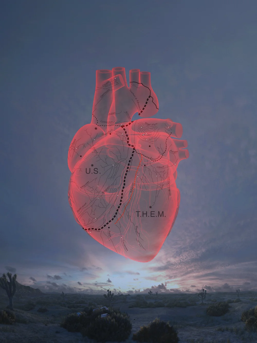 Un corazón humano dividido por una línea fronteriza flota sobre el desierto. Imagen nocturna. Un corazón humano dividido por una línea fronteriza flota sobre el desierto. Imagen nocturna.