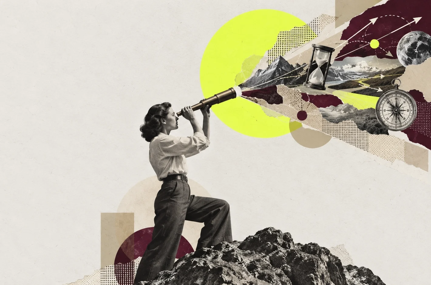Woman in vintage clothing on rocks peers through a telescope; a collage of mountains, moon, compass and hourglass bursts from it.