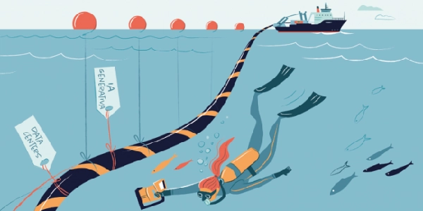 Diver in orange suit examines a long striped cable tethered to a research ship at the surface.